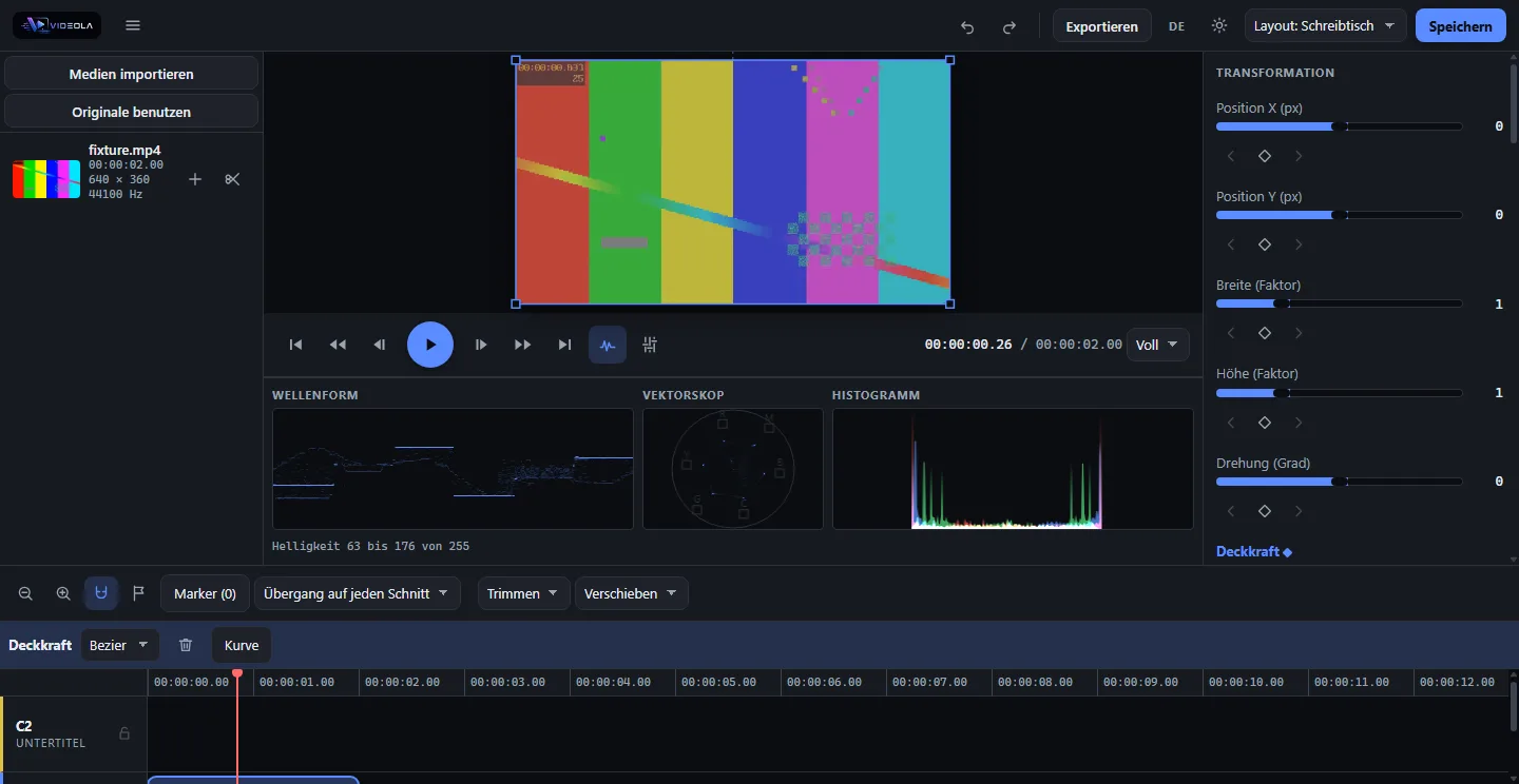 The Videola editor: a decoded video frame in the preview, a transport showing 00:00:00.00 of 00:00:02.00 with the pause button active, and a clip named fixture.mp4 on track V1